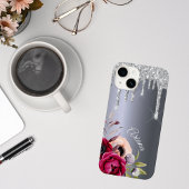 Silver glitter drip metallic bogundy bloemen Case-Mate iPhone case