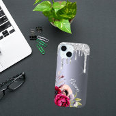 Silver glitter drip metallic bogundy bloemen Case-Mate iPhone case