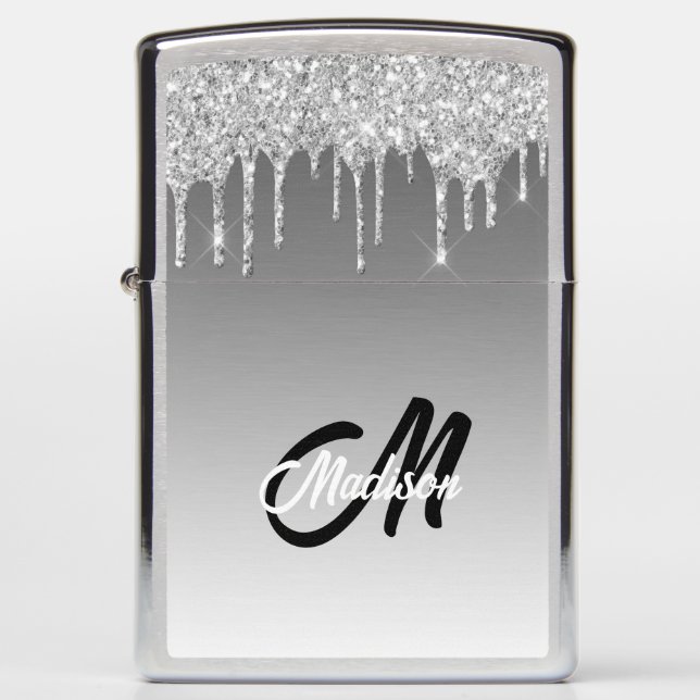 Silver Glitter Drip Monogram Sparkle Cute Girly (Voorkant)