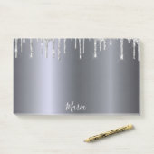Silver glitter drip naam script post-it® notes (Op bureau)