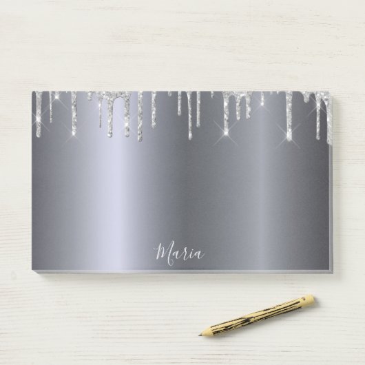 Silver glitter drip naam script post-it® notes (Op bureau)