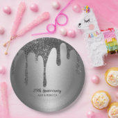 Silver Glitter Drips 25th Wedding Jubileum Papieren Bordje (Feest)