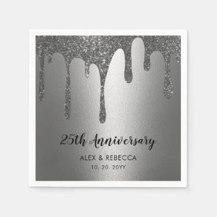 Silver Glitter Drips 25th Wedding Jubileum Servet