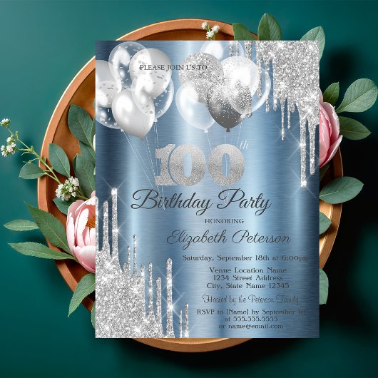 Silver Glitter Drips Balloons Blue Metallic 100th Kaart