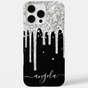 Silver Glitter Drips Black Glam-handtekening iPhone 16 Pro Max Hoesje