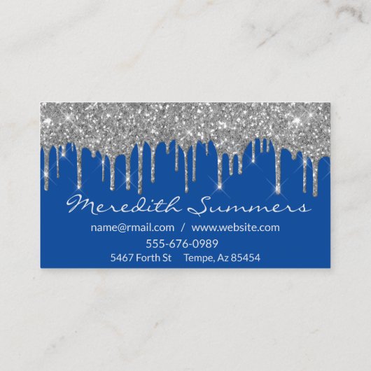 Silver Glitter Drips Blue Customize Glitter Visitekaartje (Achterkant)