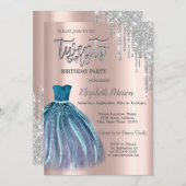 Silver Glitter Drips, Blue Dress 21st Birthday Kaart (Voorkant / Achterkant)