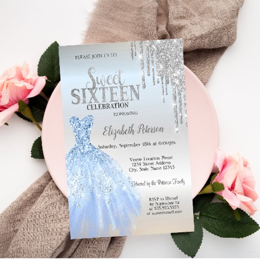 Silver Glitter Drips, Blue Dress Silver Sweet 16 Kaart