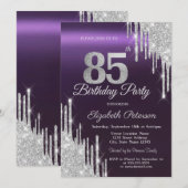 Silver Glitter Drips Donker Paarse 85e Verjaardag Kaart (Voorkant / Achterkant)