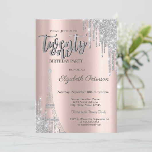 Silver Glitter Drips, Eiffeltoren 21e verjaardag Kaart (Staand voorkant)