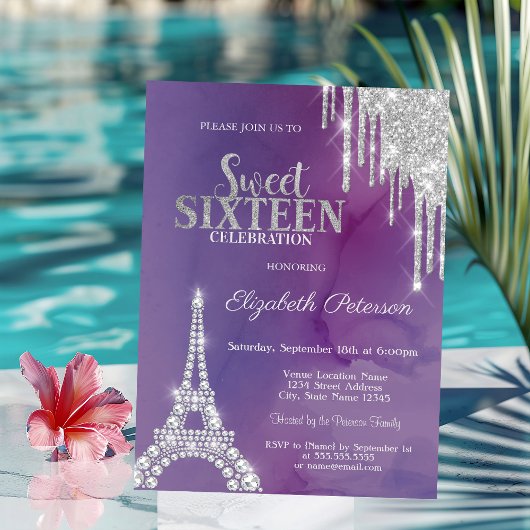 Silver Glitter Drips Eiffeltoren Violet Sweet 16 Kaart