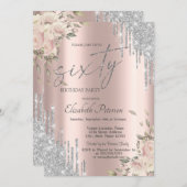 Silver Glitter Drips Flowers Rose Gold 60th  Kaart (Voorkant / Achterkant)
