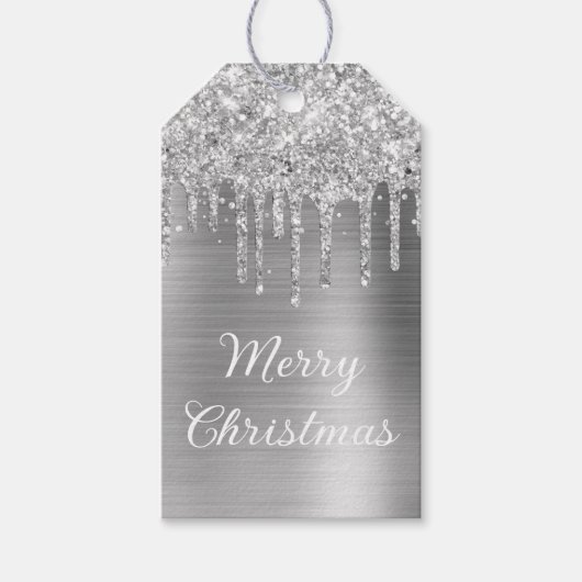 Silver Glitter Drips Folie Vrolijk kerstfeest Cadeaulabel (Voorkant)