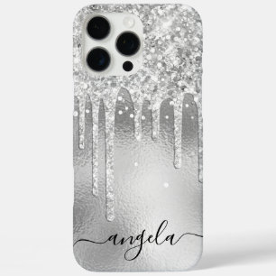 Silver Glitter Drips Glam-handtekening iPhone 16 Pro Max Hoesje