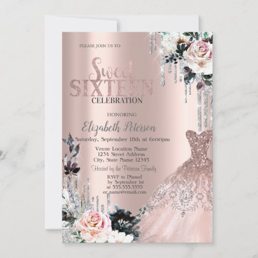 Silver Glitter Drips, Jurk Rozen Sweet 16 Kaart (Voorkant)