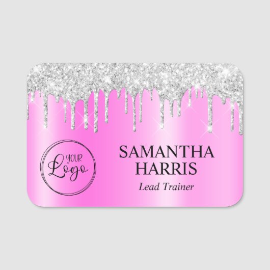 Silver Glitter Drips Magenta Shimmer Naamplaatje (Voorkant)
