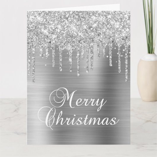 Silver Glitter Drips Metallic Merry Christmas Kaart (Voorkant)