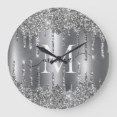 Silver Glitter Drips Monogram Personalized Grote Klok (Voorkant)
