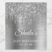 Silver Glitter Drips op Folie 21e Verjaardag Wijn Etiket (Enkel label)