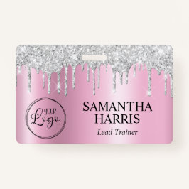 Silver Glitter Drips Pink Shimmer Badge