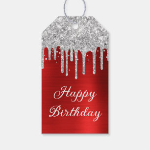 Silver Glitter Drips Rode Folie Happy Birthday Cadeaulabel