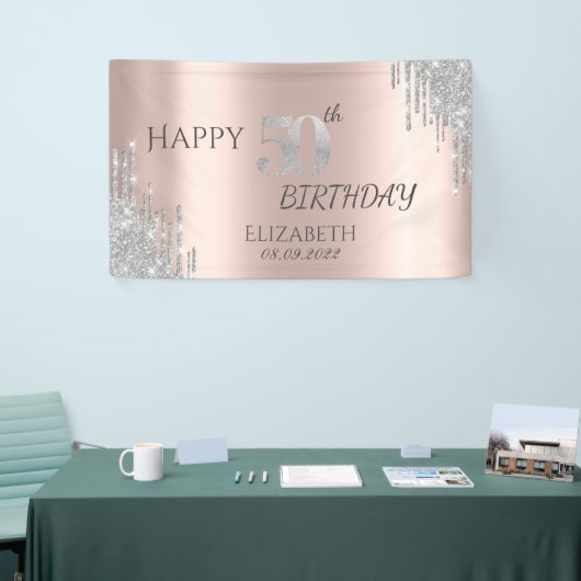 Silver Glitter Drips Roos Gold 50e verjaardag Spandoek (Beurs)