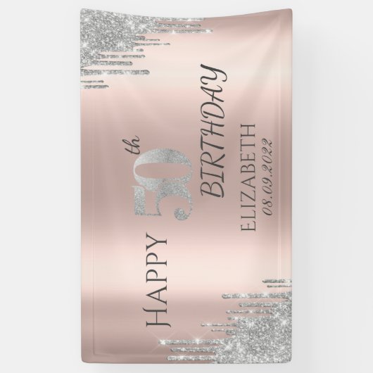 Silver Glitter Drips Roos Gold 50e verjaardag Spandoek (Verticaal)