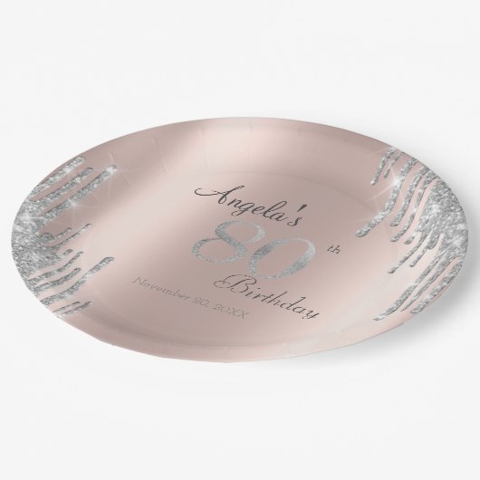 Silver Glitter Drips Roos Gold 80e verjaardag Papieren Bordje (Gekanteld)