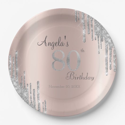 Silver Glitter Drips Roos Gold 80e verjaardag Papieren Bordje (Voorkant)
