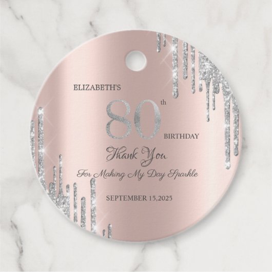 Silver Glitter Drips Roos Gold 80th Bedankjes Labels (Voorkant)