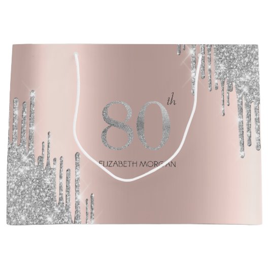 Silver Glitter Drips Roos Gold 80th Groot Cadeauzakje (Voorkant)