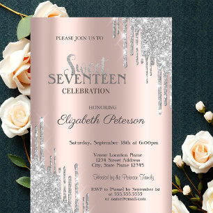 Silver Glitter Drips Roos Gold Sweet 17 zaterdag Kaart