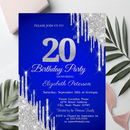 Silver Glitter Drips Royal Blue 20th Birthday  Kaart