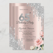 Silver Glitter Drips Rozen Roos Gold 65th Kaart (Voorkant / Achterkant)