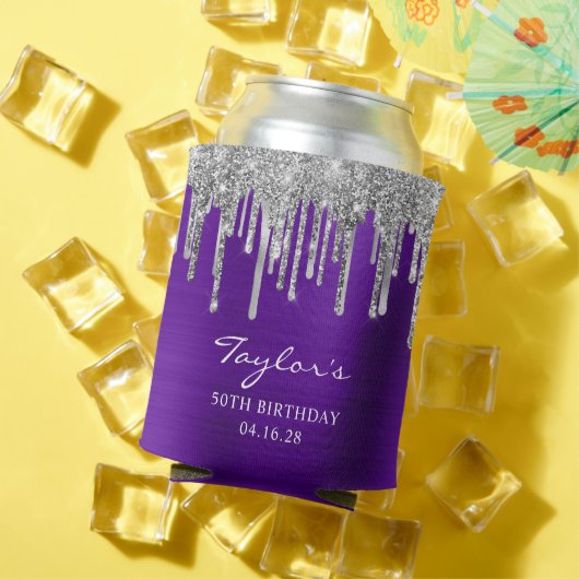 Silver Glitter Drips Violet Paarse 50e Verjaardag Blikjeskoeler (Insitu Zomer)