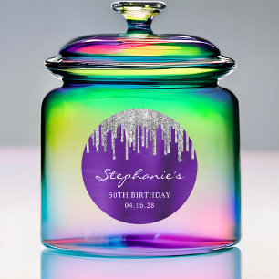 Silver Glitter Drips Violet Paarse 50e Verjaardag Ronde Sticker