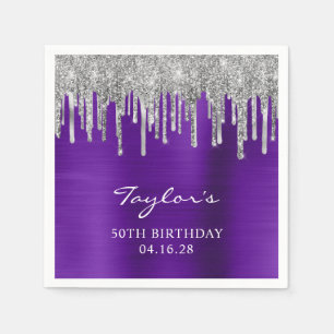 Silver Glitter Drips Violet Paarse 50e Verjaardag Servet