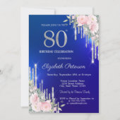Silver Glitter Dript Rozen 80th Blue Birthday Kaart (Voorkant)