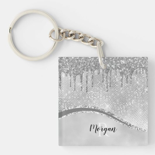 Silver Glitter Drivers & Sparkle, Naam & Monogram Sleutelhanger (voorkant)
