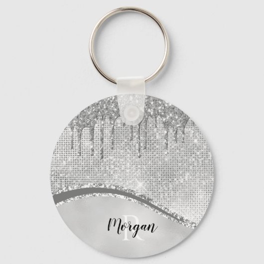 Silver Glitter Drivers & Sparkle, Naam & Monogram  Sleutelhanger (Voorkant)