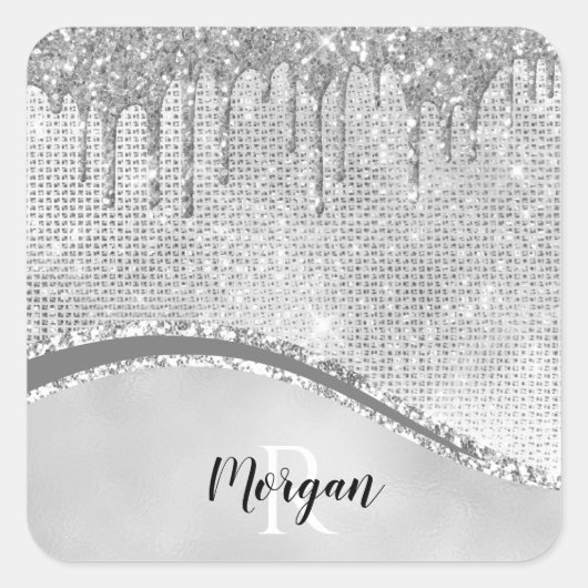 Silver Glitter Drivers & Sparkle, Naam & Monogram Vierkante Sticker (Voorkant)