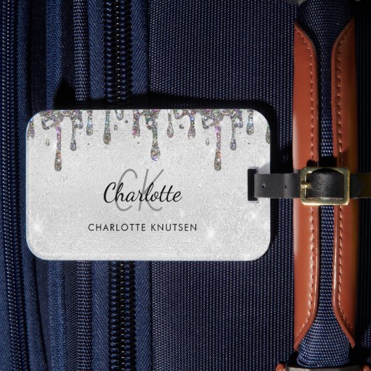 Silver glitter druppelt monogram initialen naam bagagelabel (Voorkant Insitu 4)