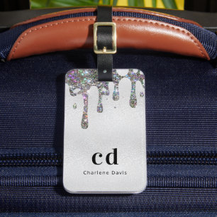 Silver glitter druppelt monogram naam bagagelabel