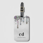 Silver glitter druppelt monogram naam bagagelabel (Voorkant (verticaal))