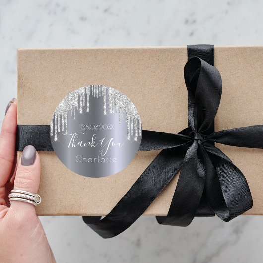Silver glitter druppelt naam bedankt ronde sticker