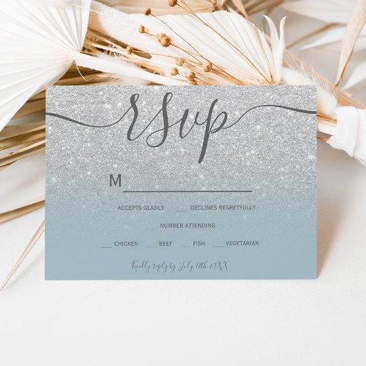 Silver glitter dusty blue script chic rsvp kaartje