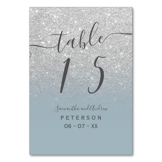 Silver glitter dusty blue script trouwtafel kaart (Achterkant)