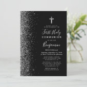 Silver Glitter Edge Black First Heilige Communie Kaart (Staand voorkant)
