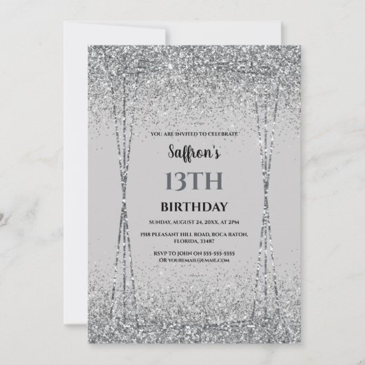 Silver Glitter Effect Birthday Party Invitation Kaart (Voorkant)