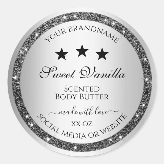Silver Glitter Effect Product Verpakkingslabels Ronde Sticker (Voorkant)